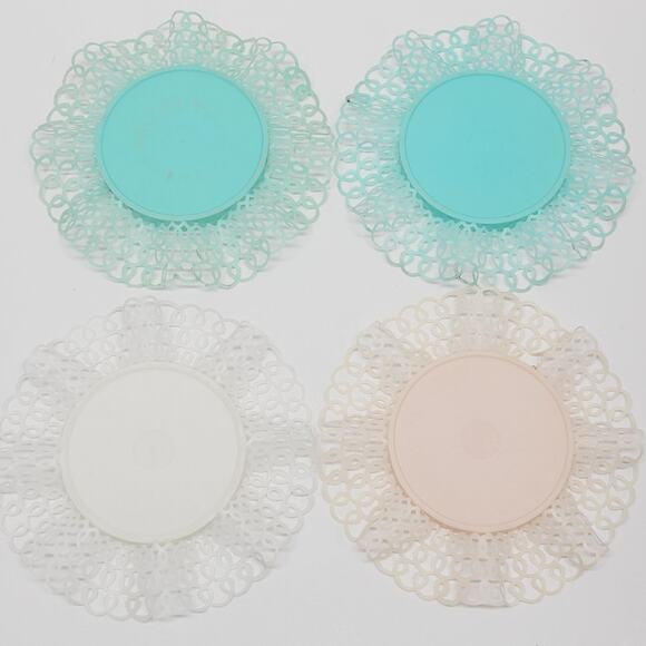 Vtg Teal Pink White Lace Lustro Ware Plastic 4 Coasters Holders Retro 1970's - Picture 10 of 16